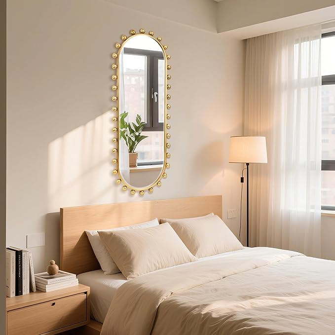Oval Full-Length Wall Mounted Mirror 20" x 51", Antique Gold Beaded Beveled Mirror with Ball Frame, Vertical & Horizontal Hanging Wall Mirror for Bathroom, Bedroom, Dressing Room, Entryway