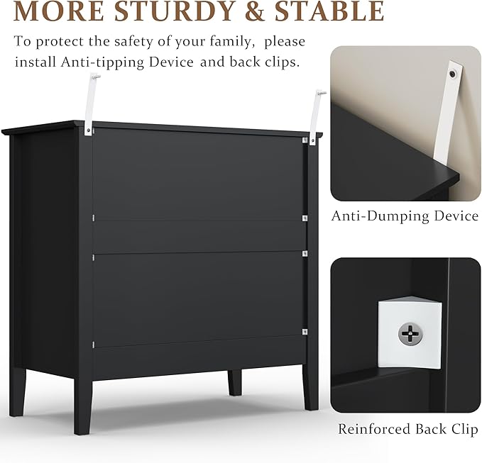 Large Black Fluted 3-Section, Modern 30 Inch Tall Wood Side Unit with Ball Bearing Slides, Wide Accent Furniture with Spacious Compartments for Living Room Entryway
