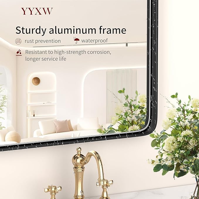Black Bathroom Mirror for Wall,48" x 30" Metal Framed Mirror, Rounded Rectangle Bathroom Mirrors,Black Bathroom Mirrors for Large Spaces,Tempered Glass, Anti-Rust