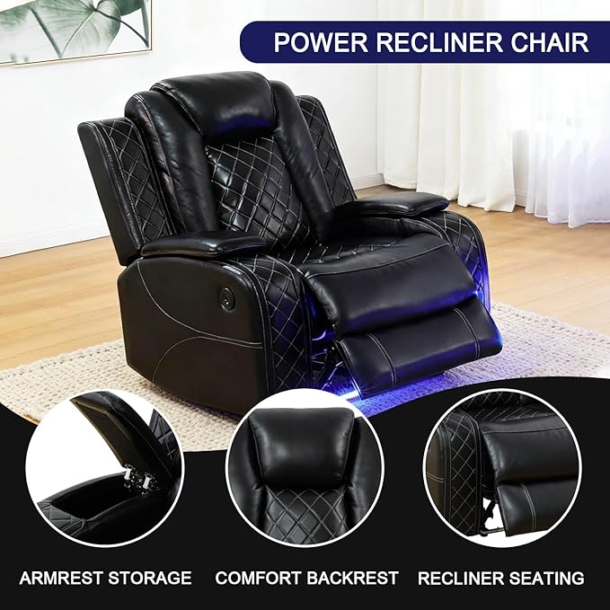 Power Recliner Sofa Set for Living Room, Leather Power Reclining Sofa Sets with LED Lights, Console Storage, Recliner Couch with USB Port(Chair,Black)
