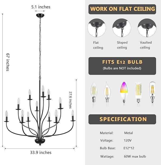 Black Chandelier 12 Light, Large Modern Farmhouse Chandeliers for Dining Room, Industrial Candle Pendant Lighting Fixture for Foyer Hallway Entryway High Ceiling, Bedroom, Living Room, Kitchen E12