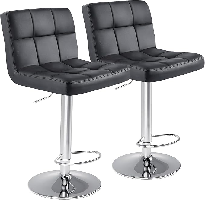 DUMOS Bar Stools Set of 2, Armless Adjustable Swivel Barstools, PU Leather Hydraulic Kitchen Counter Height Bar Stools, Thickened Seat Cushion Square Island Barstools with Back, Black