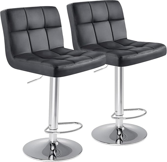 DUMOS Bar Stools Set of 2, Armless Adjustable Swivel Barstools, PU Leather Hydraulic Kitchen Counter Height Bar Stools, Thickened Seat Cushion Square Island Barstools with Back, Black