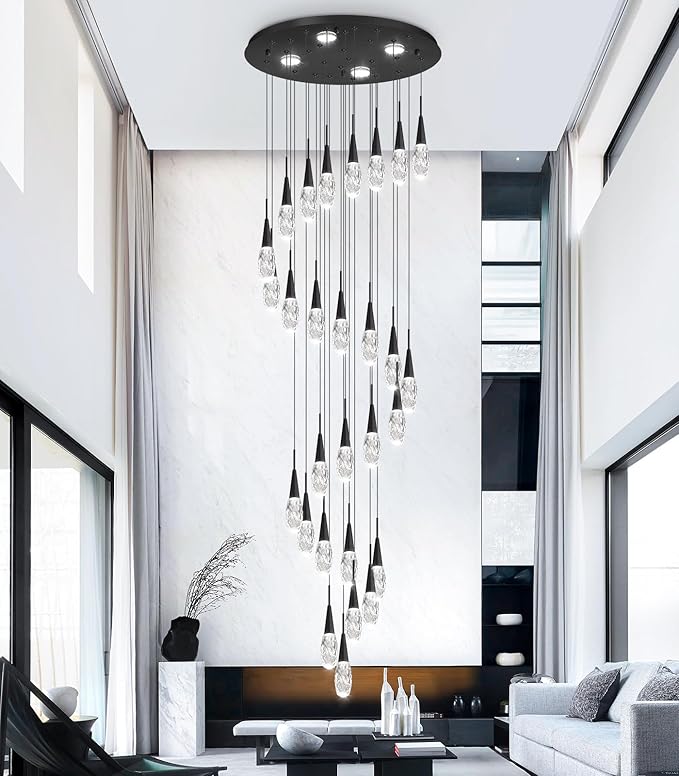 28-Lights 177 Inches Modern Chandelier LED Light Fixtures High Ceiling Long Light Chandelier for Entrance Foyer Dimmable Lights with Remote Living Room Ceiling Pendant Lighting Drop Lights Black
