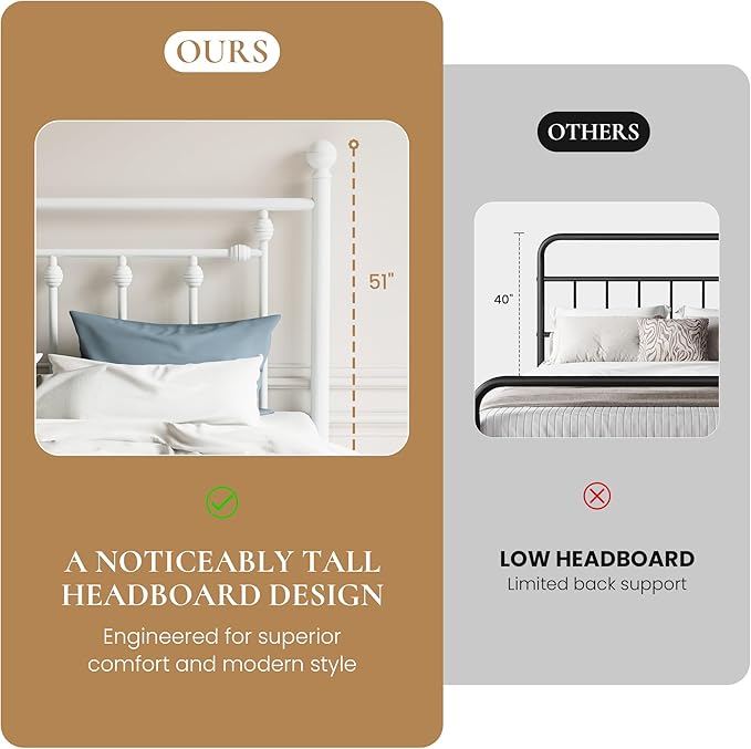 SHA CERLIN 14" Queen Size Metal Platform Bed Frame/Victorian Headboard and Footboard/Steel Slats Mattress Foundation for Storage/No Box Spring Needed/Noise Free/White