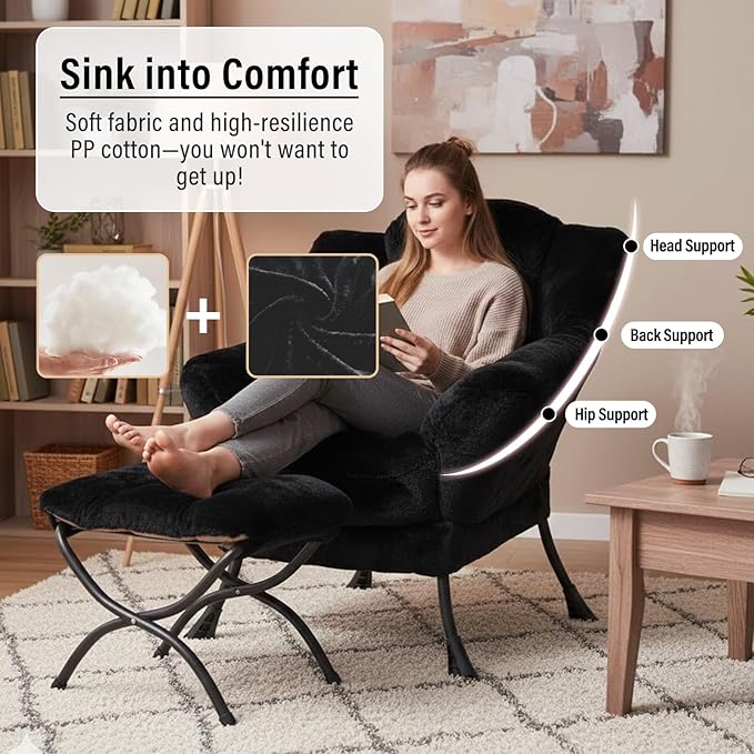 Lazy Chair with Ottoman, Modern Chair with Folding Footrest, Plush Black Accent Chair, Comfortable Reading Chair, Oversized Armchairs for Bedroom, Study, Living Room, Courtyard