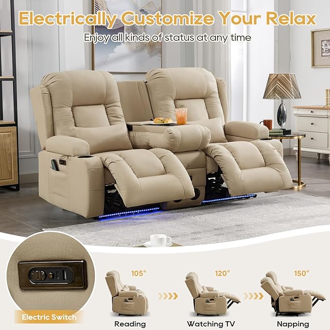 IPKIG Power Recliner Sofa with Flip-Up Backrest Console, USB & USB-C Ports, AC Outlet, LED Lights, Wall Hugger Recliners for Living Room, RV (Beige, 67" - 3 Seat) | Leathaire Fabric, Zero Gravity, Dual Reclining, 2 Lumabr Pillow, Bluetooth Speakers