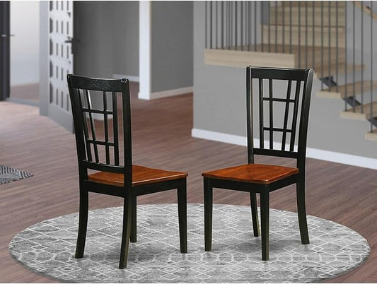 East West Furniture NIC-BLK-W Nicoli Dining Room Chairs - Stylish Back Solid Wood Seat Chairs, Set of 2, Black & Cherry