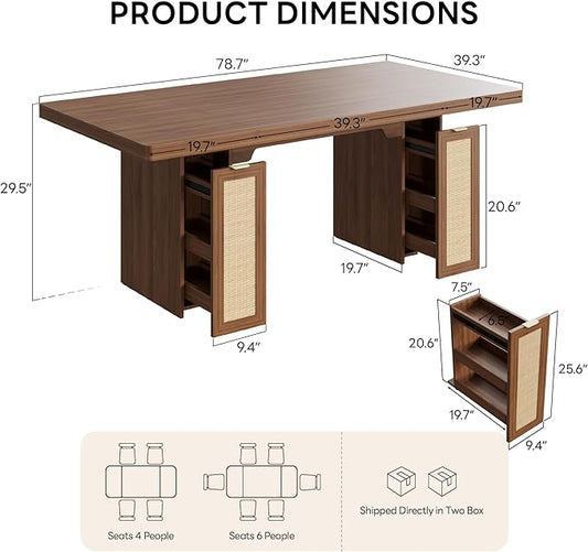 LIKIMIO 78.7" Farmhouse Dining Table for 6-8 People, Extra Thick Wood Top with 2 Hidden Adjustable Storage Drawers, Modern Woven Rattan Table for Dining Room, Kitchen, Living Room, Vintage Brown