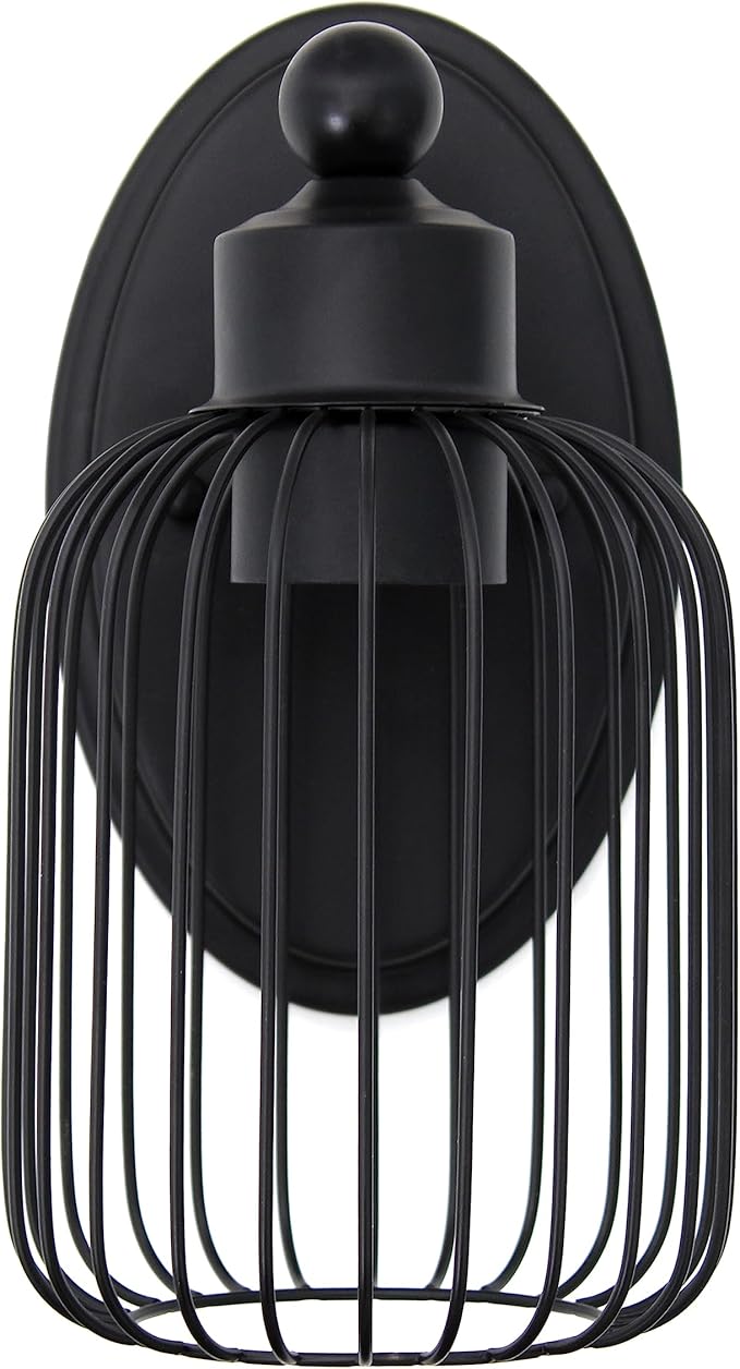 Elegant Designs SC1001-BLK 10.5" Industrial Farmhouse Metal Birdcage Wall Sconce with Matching Metal Oval Backplate Wall Mounted, Black