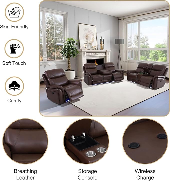 Power Recliner Sofa Set with LED, Breathing Leather Living Room Furniture,3 Piece Reclining Couch Set with USB Ports/Cup Holder/Storage for Home Theater (Brown)