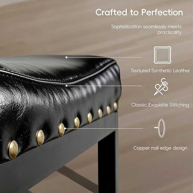 Counter Height Bar Stools, 25.5 Inch, Industrial Vintage Bar Stool with Nailhead, Faux Leather Barstool with Footrest, Saddle Stool for Kitchen Island, Dining Room, Easy Assembly