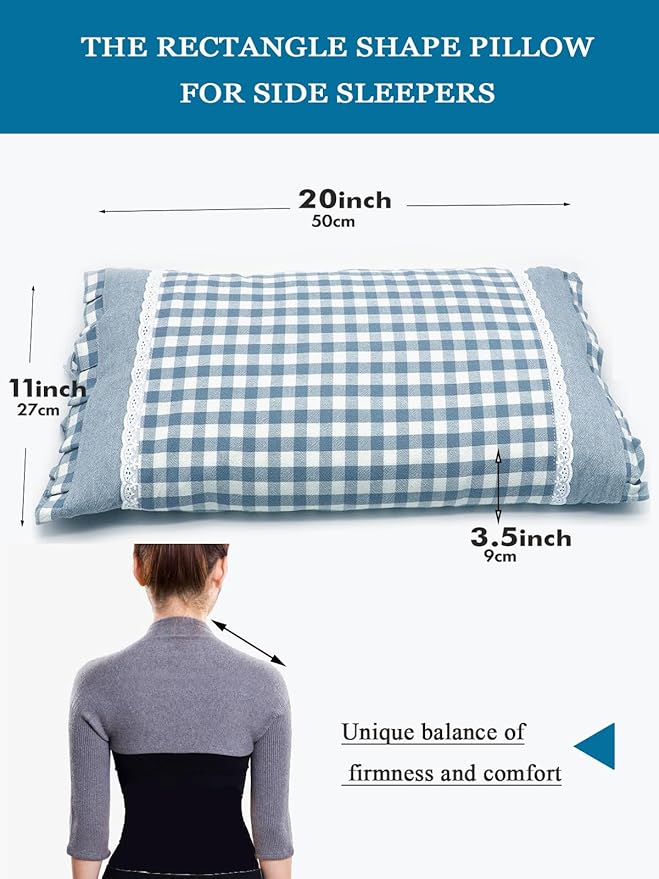 Upgrade Buckwheat Hull Pillow, Small Size Cervical Neck Pillow with Pillowcase, Back Support for Side Sleeper Sleeping or As a Neck Pain Pillows(20x11 Inches, Blue)