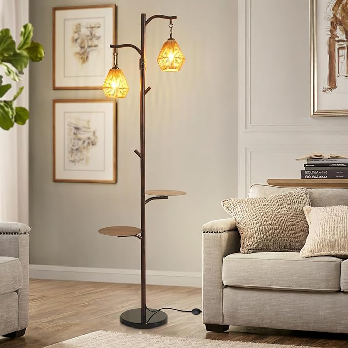 Hsyile Arc Floor Lamp with Cage Shade,Rattan&Fabric Boho Floor Lamps for Living Room Bedroom,Rust Color Industrial Dimmable Floor Light,Farmhouse Rustic Tall Lamp for Office Reading