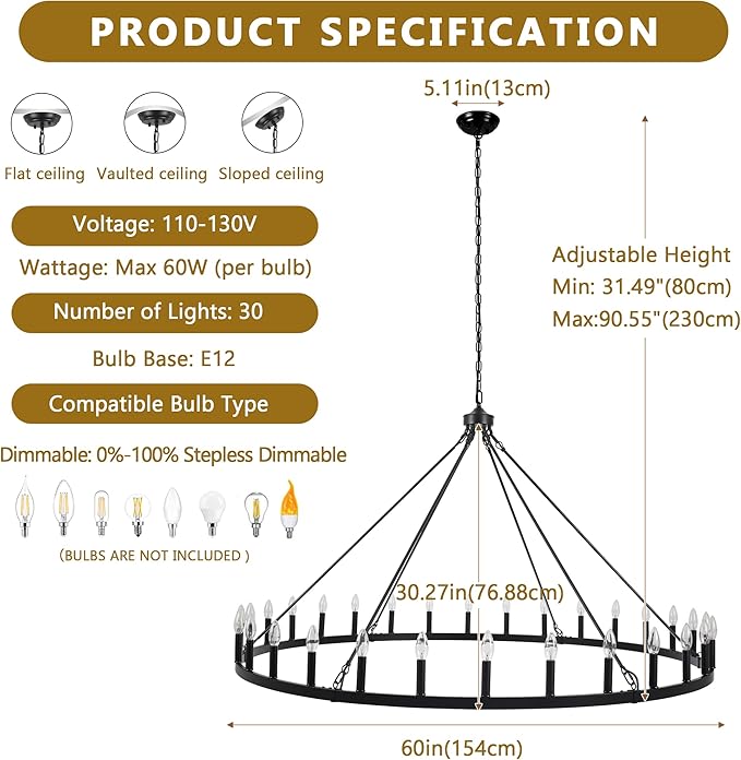 Black Extra Large Wagon Wheel Chandelier, 60 inch 30 Lights Farmhouse Chandelier, Industrial Candle Round Pendant Light Fixture for High Ceiling Living Room Dining Room Entryway