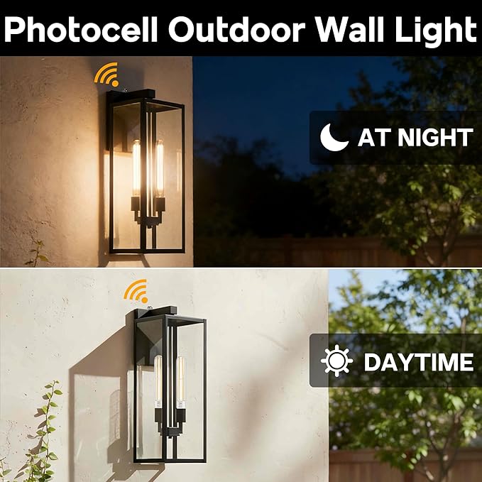 25 Inch Large Size Outdoor Wall Light Dusk to Dawn,2-Light Outdoor Porch Lanterns Extra Large 2-Bulb Outside Wall Sconce with Dusk to Dawn Sensor Outdoor Lighting for Garage Photocell Exterior Light