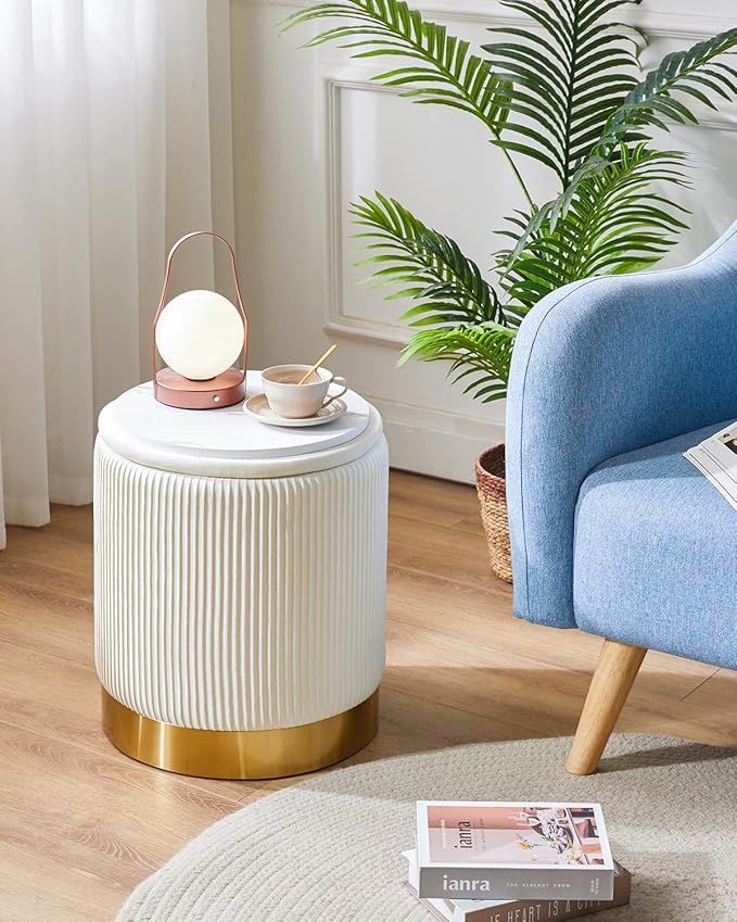 IBUYKE Round Storage Ottoman Set of 2 Ottoman for Dorm Vanity Stool with Storage Velvet FootStools End Table Boucle Ottoman for Home Organization White UWBD016W