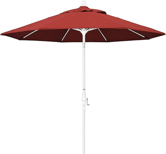 California Umbrella 9' Round Aluminum Pole Fiberglass Rib Market Umbrella, Crank Lift, Collar Tilt, White Pole, Red Olefin