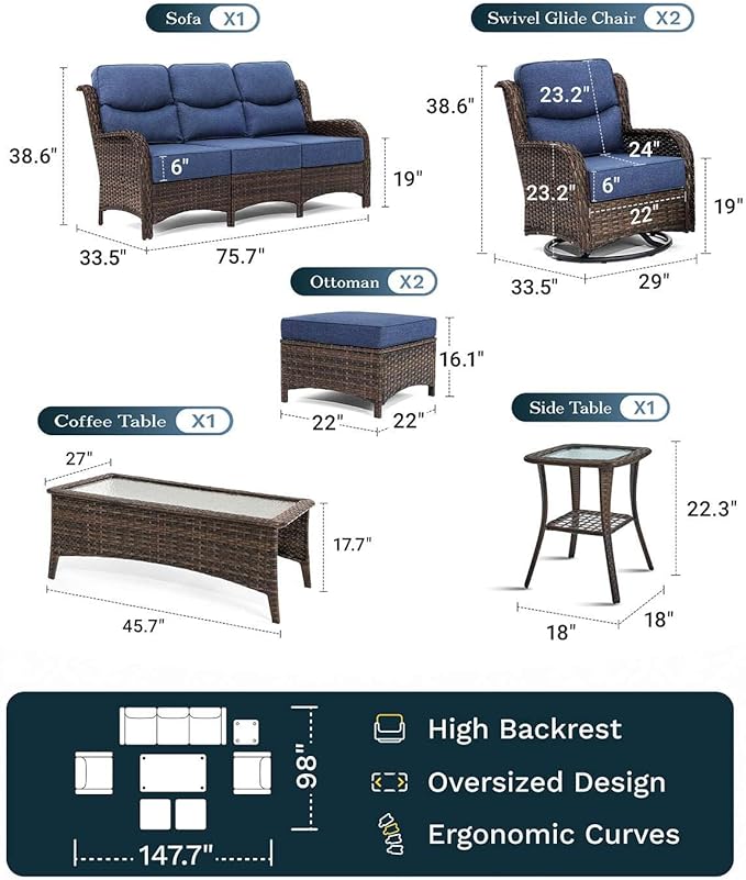 High Back Outdoor Furniture with Extra Thick Cushion Patio Swivel Rocking Chairs, Comfort 3-Seat Sofa, 7PCS Oversized Wicker Conversation Set for Porch, Deck, Yard in Blue