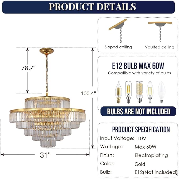 Gold Modern Crystal Chandeliers Large Chandelier 6-Tier Hanging Raindrop Pendant Light Fixture for Dining Room Bedroom Living Room Dia 31 Inch