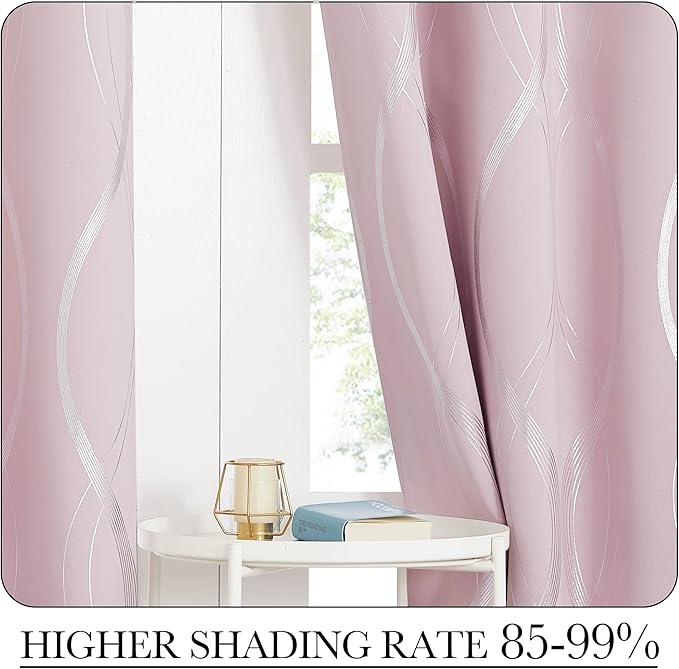 NICETOWN Pink Blackout Curtains Panels for Bedroom, Noise Reducing Thermal Insulated Wave Line Foil Print Design Blackout Curtains for Patio Sliding Glass Door (Lavender Pink, 2 Panels, 52 x 84 Inch)