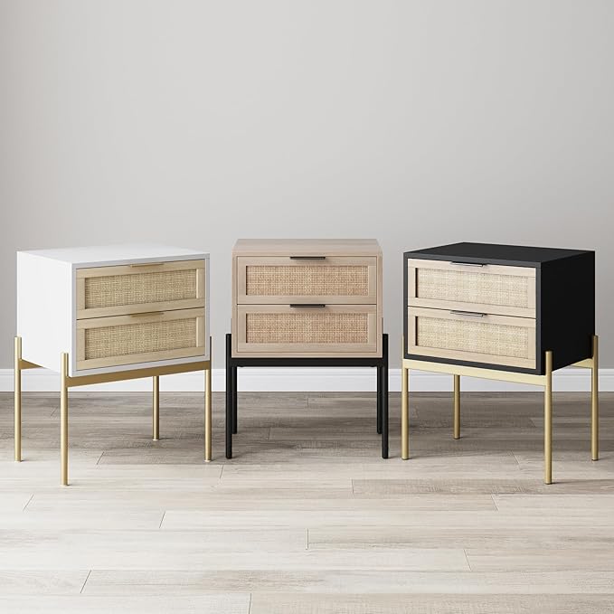 Nathan James Andrew Nightstand, Accent Bedside End Side Table with Storage Drawer, and Mid-Century Modern Legs for Living Room or Bedroom, 1, 14" D x 19" W x 24" H, Black/Cane/Gold