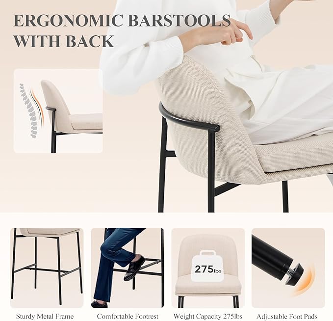 Bar Stools Set of 6, Modern Upholstered Counter Height Bar Chairs with Cushioned Seat and Curved Back, Fabric Kitchen Island Stools with Sturdy Metal Legs for Dining Room Island Bar, Beige