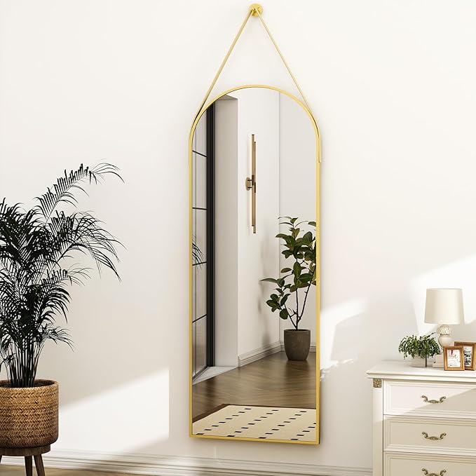 HARRITPURE 16"x48"Arched Mirror with Hanging Leather Strap Full Length Mirror Aluminum Frame Wall-Mounted Arch Hanging Mirrors for Bathroom Vanity Living Room Bedroom Entryway, Gold
