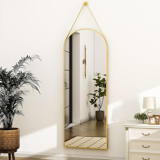 HARRITPURE 16"x48"Arched Mirror with Hanging Leather Strap Full Length Mirror Aluminum Frame Wall-Mounted Arch Hanging Mirrors for Bathroom Vanity Living Room Bedroom Entryway, Gold