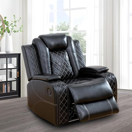 Power Recliner for Living Room, Air Leather Reclining Chair with LED/Storage, 1-Seater Reclining Furniture, Black Leather Couch for House/Apartment/Office