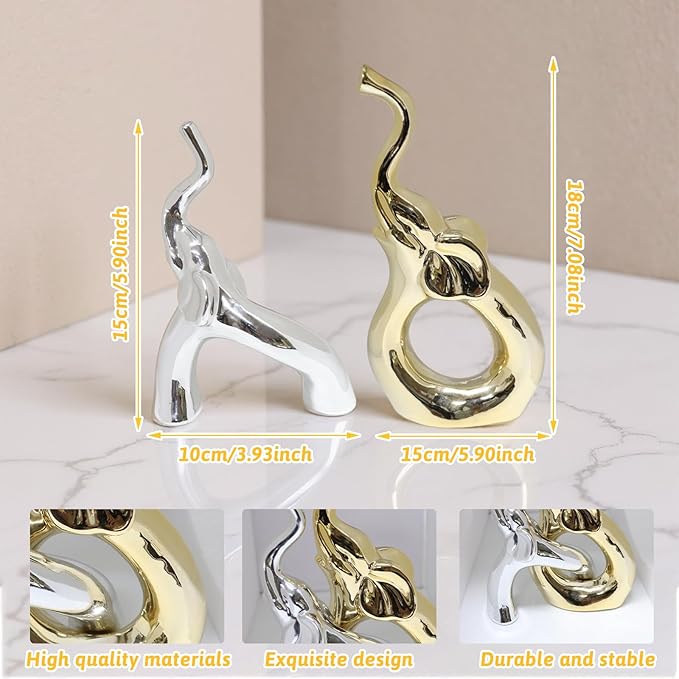 Zerzsy Loving Pair of Small Gold & Silver Elephants Statues, Modern Ceramic Sculptures Home Decor, Figurine Decorative Ornaments for Bedroom, Office Desktop, Shelf-Set of 2