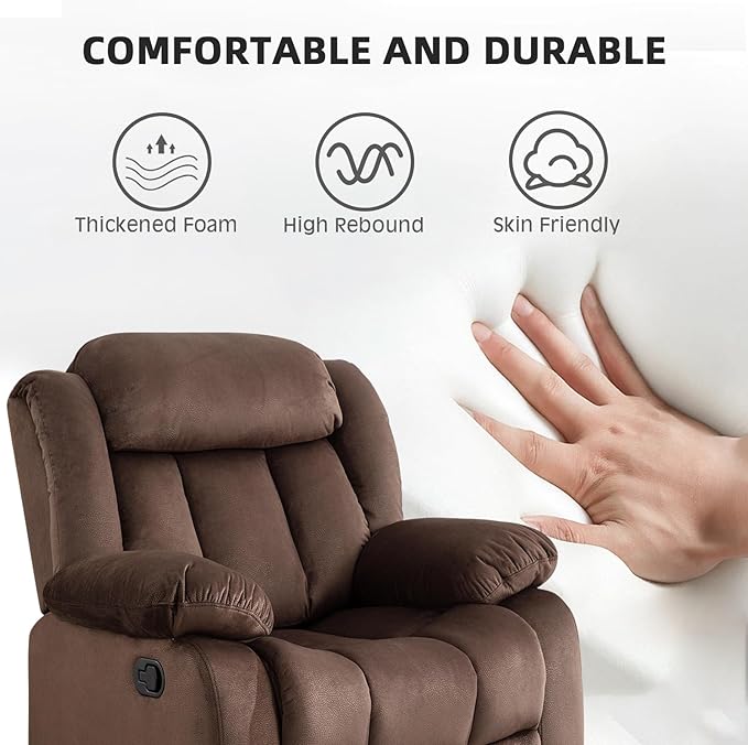 EBELLO Manual Recliner Chair, Classic and Fabric Recliner Sofa with Overstuffed Arms and Back for Living Room, Bedroom, Brown