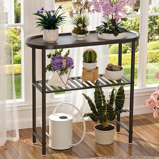 Narrow Hallway Table for Entryway, Small Console Table Black 30.7", Bamboo Plant Stand Indoor Outdoor 2-tier, Small TV Stand for Bedroom with Anti-fall Edge, Sofa Side Table 5min Easy Assembly