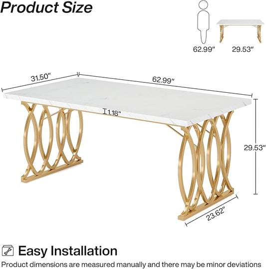 Tribesigns Modern Dining Table, 63" Large Kitchen Table for 4-6 People, Unique Rectangular Dinner Table Kitchen & Dining Room Furniture with Faux Marble Tabletop and Geometric Legs