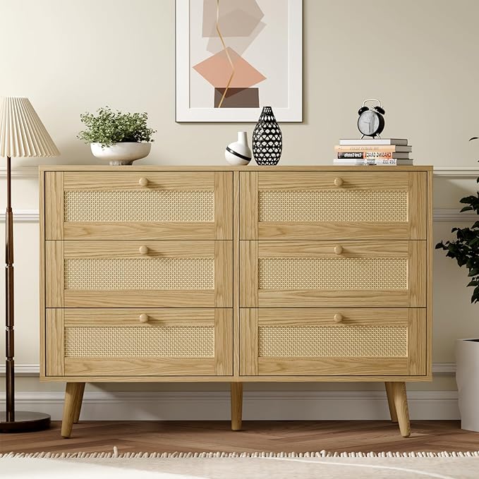 6 Drawer Rattan Dresser for Bedroom, Modern Wooden Dresser Chest with Handles for Bedroom, Hallway and Living Room, Wood Oak