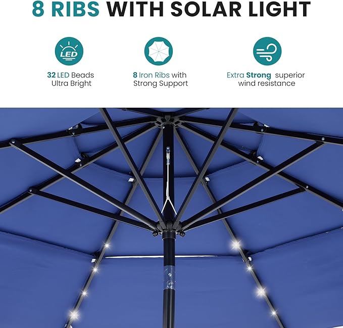 DUMOS 10FT 3 Tier Patio Umbrella with 32 LED Lights, 8 Ribs Outdoor Table Umbrella with Crank, Waterproof Market Umbrella for Pool, Beach, Terrace and Outdoor Restaurant, Navy Blue
