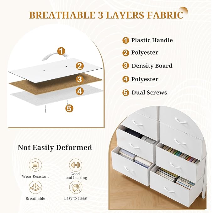10-Drawer Fabric Dresser, Chest of Drawers Clothes Cabinet for Closet & Bedroom, Storage Organizer with Steel Frame for Entryway, Dorm, Living Room, White