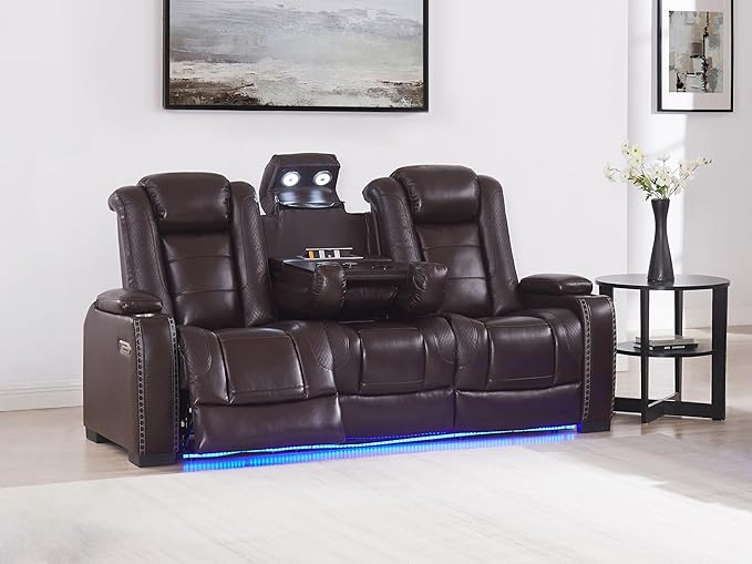 THSUPER Brown Leather Power Recliner Sofa Loveseat Sets with Arm Storage and Power Headrest, Leather Living Room Reclining Sofa and Loveseat Set with Cup Holders and Bluetooth Speaker.