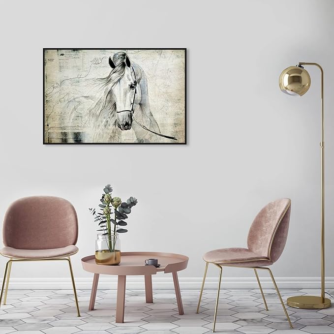Country Farmhouse Canvas Print Painting Animal Wall Art 'Southern White Horse' Black Framed Canvas Rustic Home Décor 36x24 in Gray, Brown by Oliver Gal