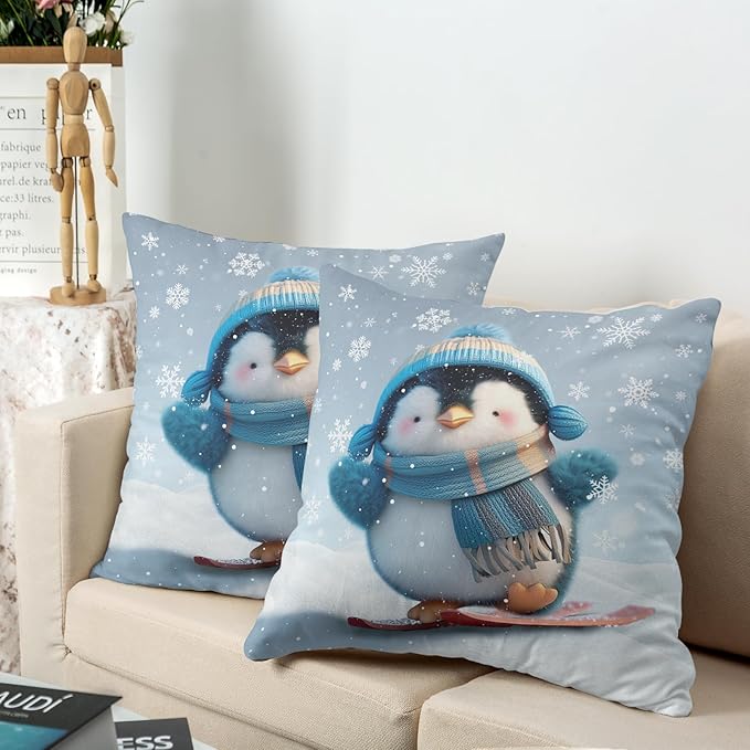Winter Pillow Covers 18x18 Set of 2 Adorable Skiing Penguins Throw Pillow Covers Snowflakes Pillow Case Double Sided Printing Cushion Case for Home Decor Couch Sofa