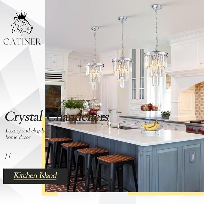 Modern Chrome Crystal Pendant Light, 3 Tiers K9 Crystal Chandelier Mini Ceiling Pendant Light Fixture for Kitchen Island Dining Room Hallway Bedroom Closet