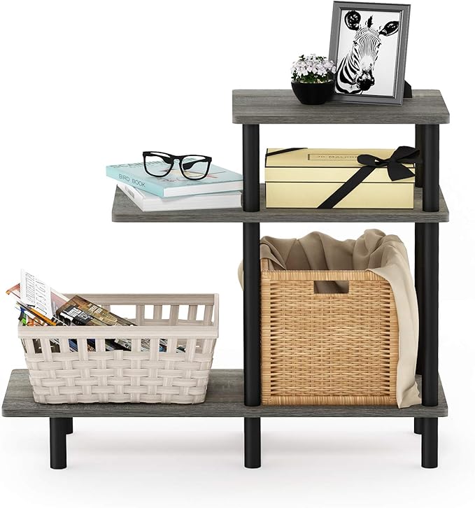 Furinno Turn-N-Tube 3-Tier Sofa Side Table, French Oak Grey/Black