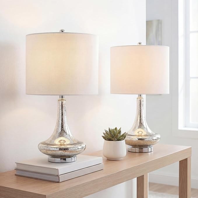 JONATHAN Y 25.5" Mercury Silver Glass Teardrop Table Lamp Set of 2 for Bedroom, Modern Bedside Lamps for Living Room, White Linen Drum Shade, LED Bulbs Included JYL1081A-SET2
