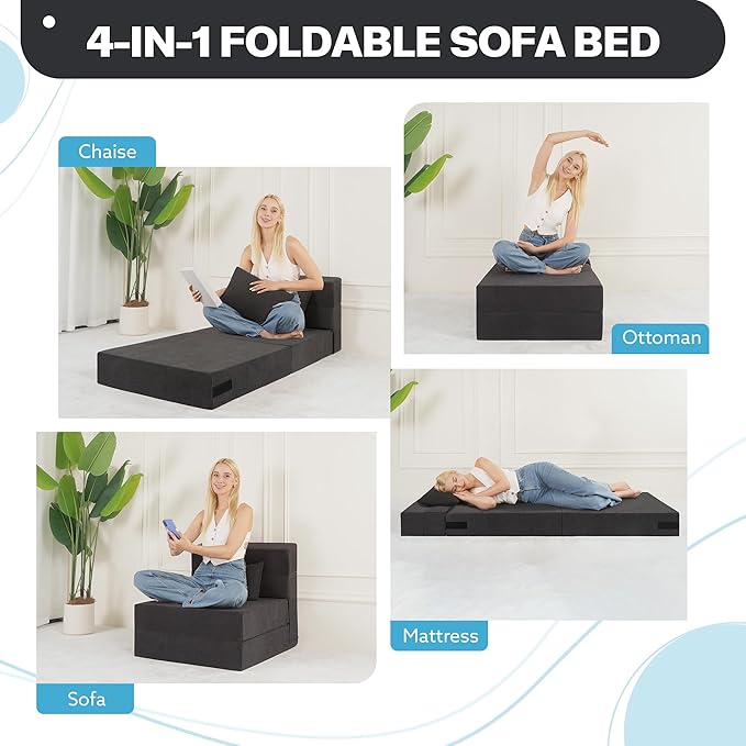 Fvkind Folding Sofa Bed, 4 in 1 Convertible Fold Out Single Chair Bed with Pillow, Memory Foam Futon Chair, Foldable Futon Couch, Foldable Sofa Mattress for Living Room, Bedroom, Guest Room, Dark Grey