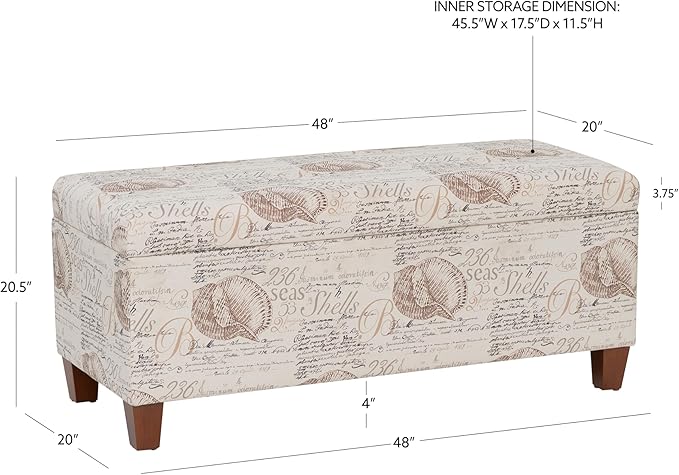 Linon Carmen Ivory and Beige Seashell Upholstered Lift Top Storage Ottoman with Wooden Feet