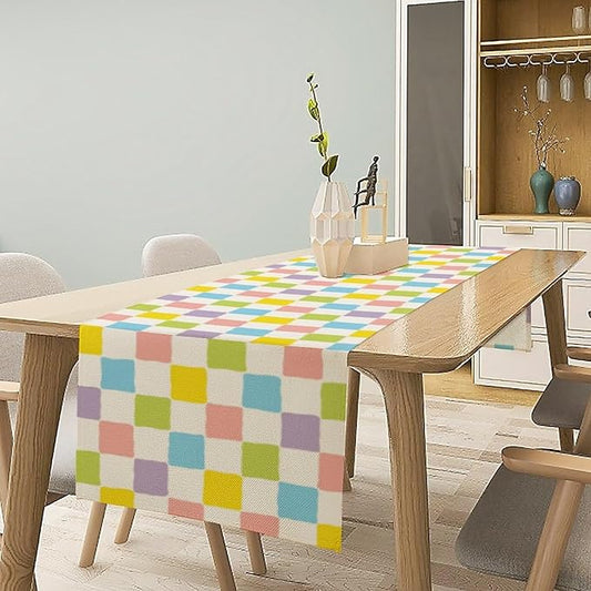 Colourful Hippie Table Runner Green Blue Purple Pink Modern Geometric Square Home Dinner Runner for Living Room Kitchen Party Holiday Dinner Home Decor 13x108in