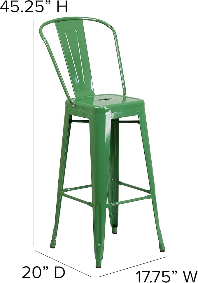 Flash Furniture Lily Commercial Grade 4 Pack 30" High Green Metal Indoor-Outdoor Barstool with Removable Back