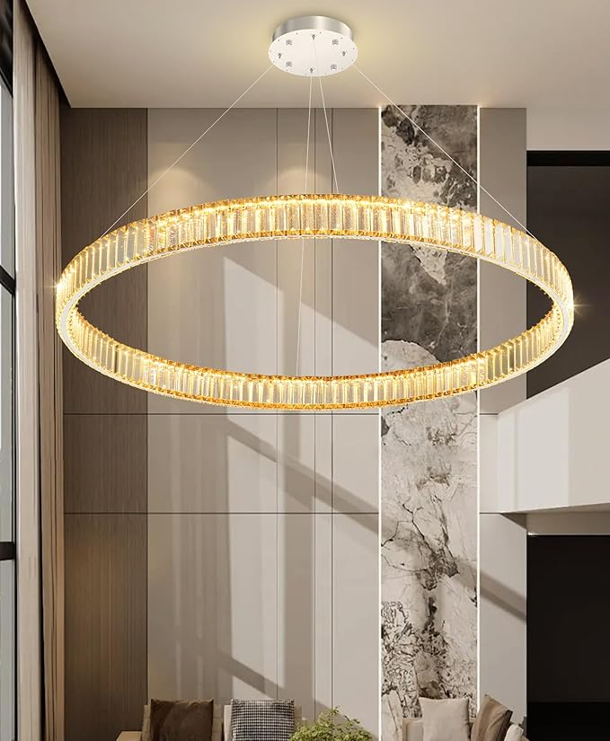 40'' Modern Ring Chandelier Crystal Chandeliers for Dining Room Round LED Dimmable Ceiling Light Fixture for Living Room Bedroom Lighting Silver