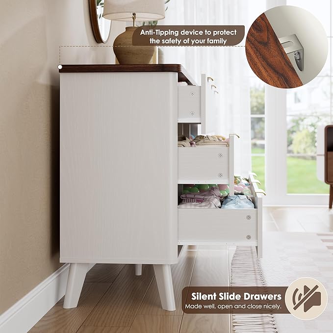 Garvee 9 Drawers Dresser for Bedroom, 60.6" Wide Dressers with Curved Profile Design, Fluted Wood Drawers with Gold Handle, Modern Chest of Dressers with Thickened Design for Living Room, White