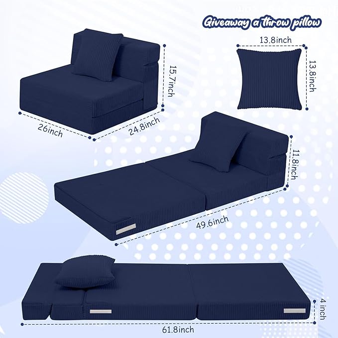 MeMoreCool Kids Fold Out Sofa Chair – Navy Corduroy Tri-Fold Floor Futon for Toddlers, Portable Sleeper Couch with Washable Cover Soft Convertible Lounger | High-Density Foam Mattress